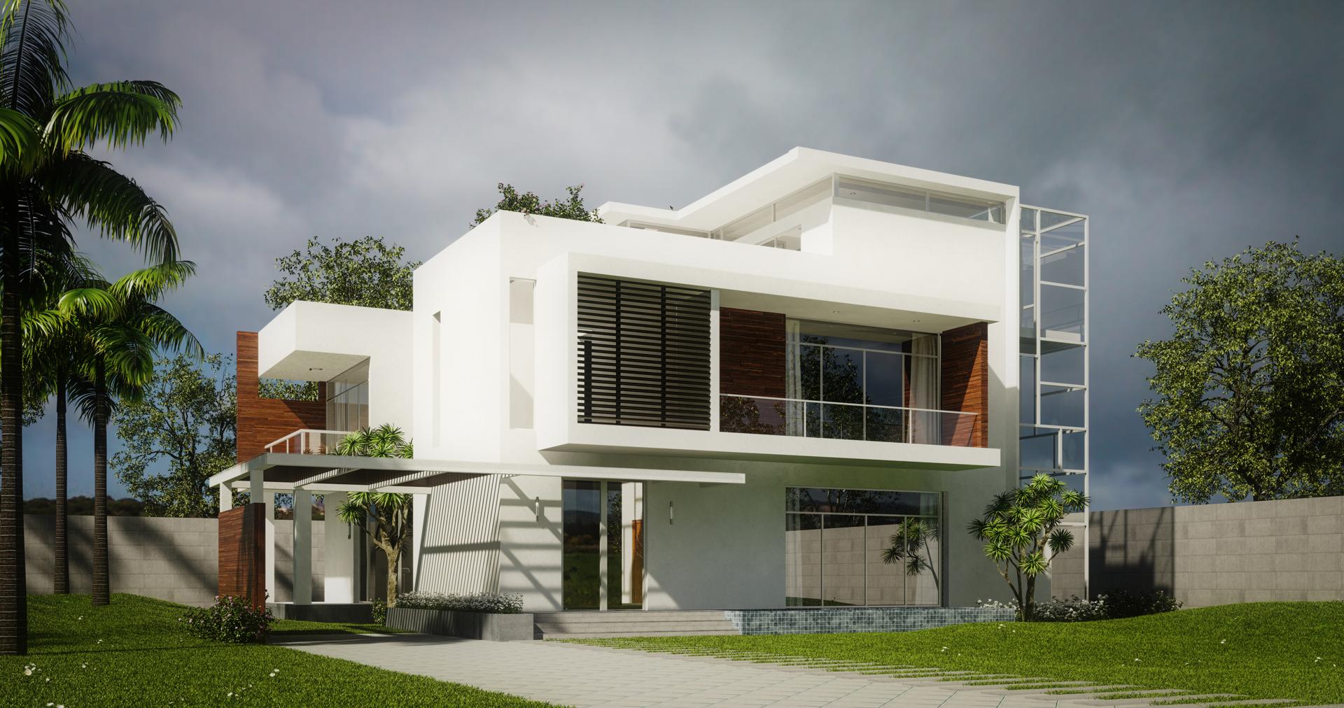 Contemporary building with jali screen and wooden door entrance