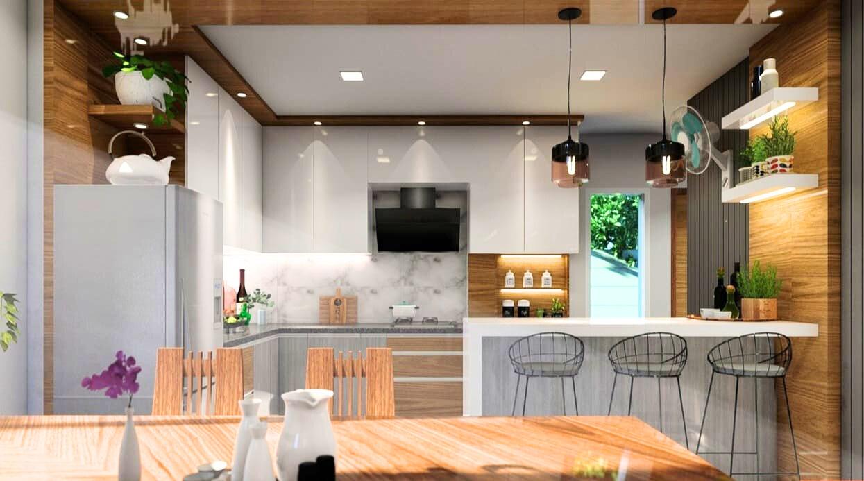 Modern open kitchen with wood ceiling, marble backsplash and breakfast bar