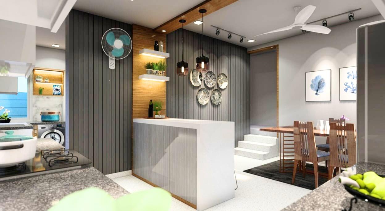 Elegant L-shaped kitchen with ambient lighting