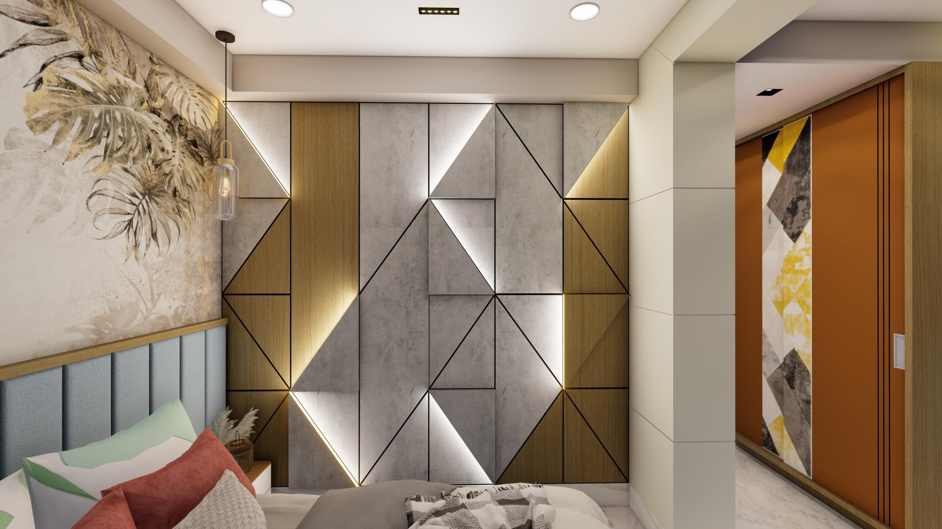 Contemporary bedroom with geometric concrete and wood headboard wall panels — Stencil Interior