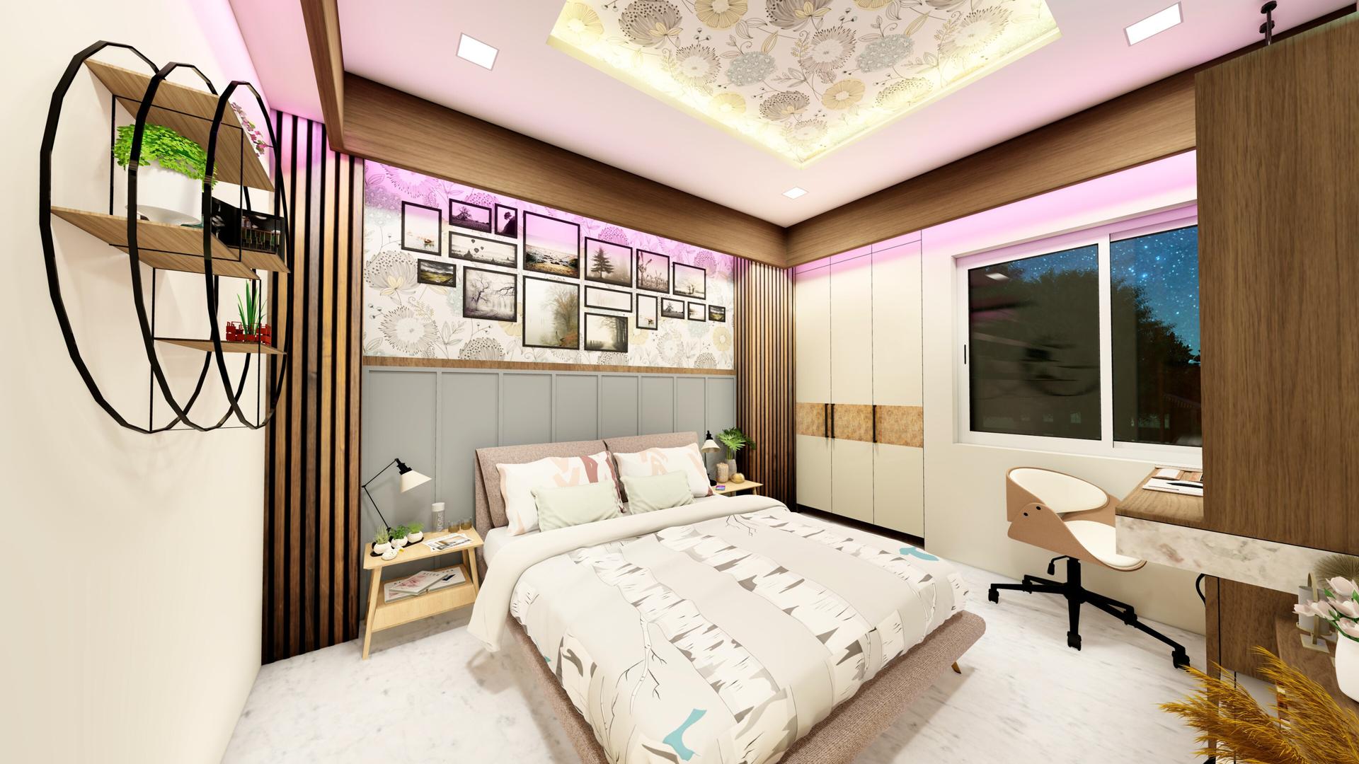 Modern children bedroom with gallery wall, pink accents, and study desk — Stencil Interior