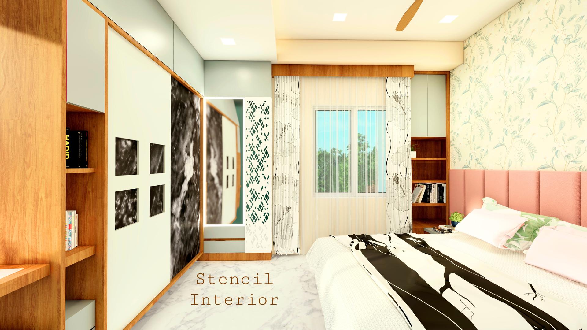 Elegant master bedroom with custom wardrobe and floral accent wall — Stencil Interior Design